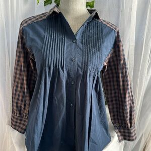 Cloud 9 Navy Blue and Brown Plaid Pintuck Button-Up Blouse